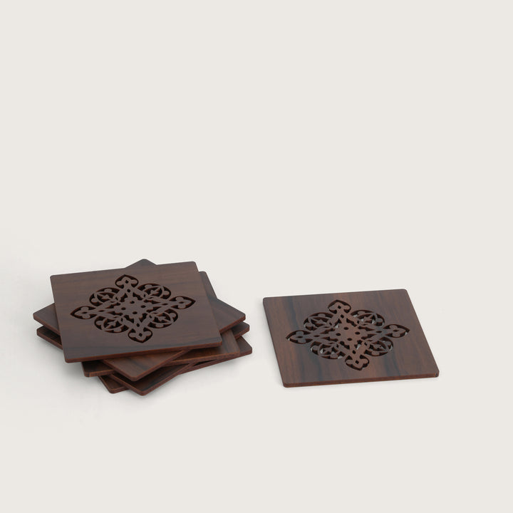 Elegant Espresso Square Coaster Set with Laser-Cut Medallions