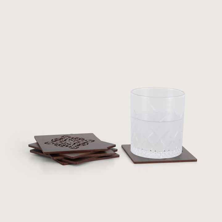 Elegant Espresso Square Coaster Set with Laser-Cut Medallions