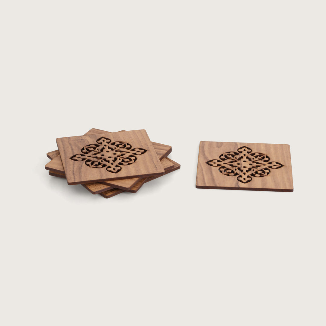 Elegant Oak-Tone Square Coaster Set with Laser-Cut Medallions