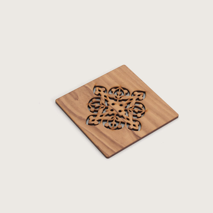 Elegant Oak-Tone Square Coaster Set with Laser-Cut Medallions