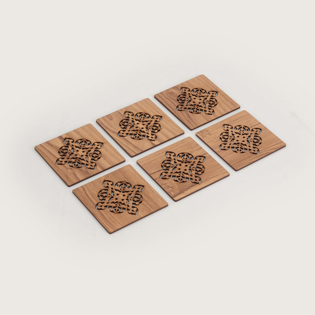 Elegant Oak-Tone Square Coaster Set with Laser-Cut Medallions
