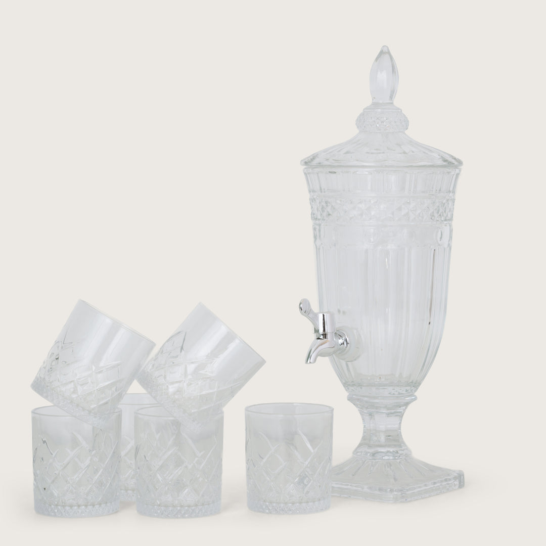 Beverage Glass Dispenser 2000ML with Glass Tumblers 350ML Set of 6 | Ribbed