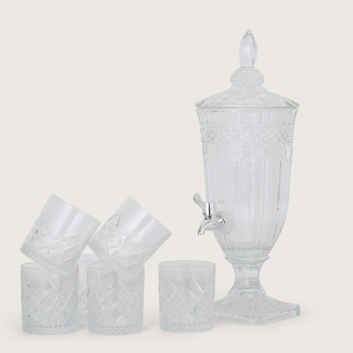 Beverage Glass Dispenser 2000ML with Glass Tumblers 350ML Set of 6 | Ribbed