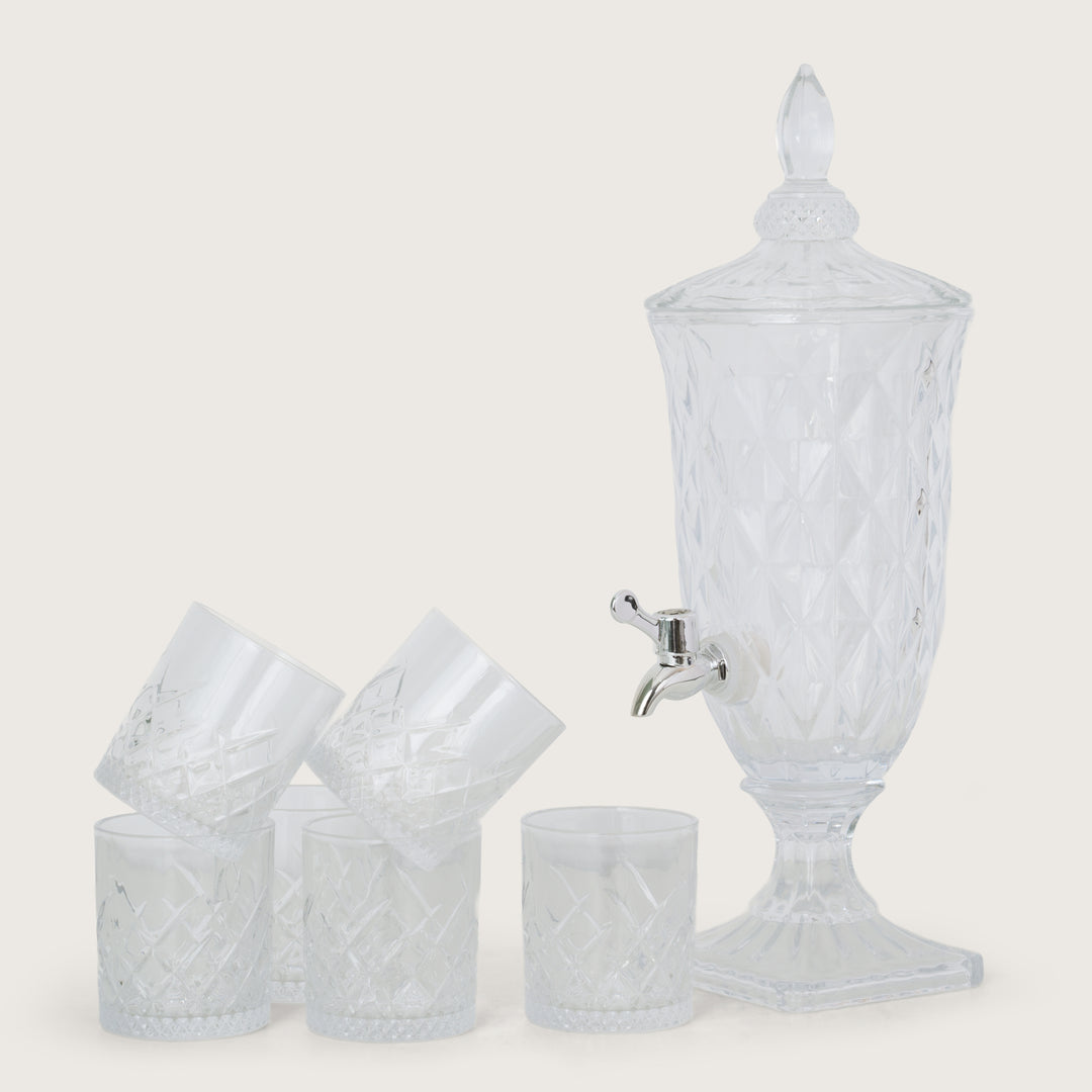 Beverage Glass Dispenser 2000ML with Glass Tumblers 350ML Set of 6 | Crystal