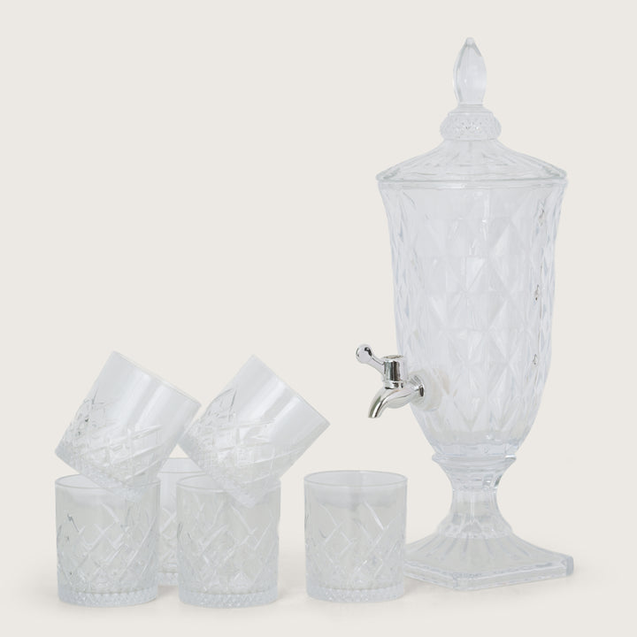 Beverage Glass Dispenser 2000ML with Glass Tumblers 350ML Set of 6 | Crystal
