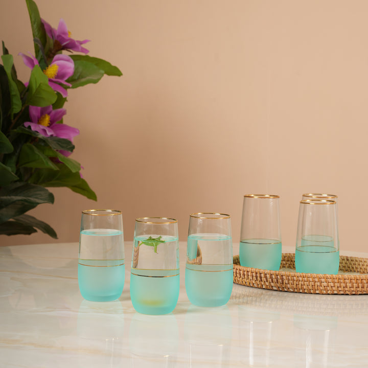 Coastal Mist Frosted Teal Stemless Glasses with Gold Rim