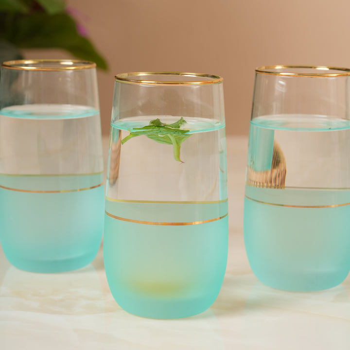 Coastal Mist Frosted Teal Stemless Glasses with Gold Rim