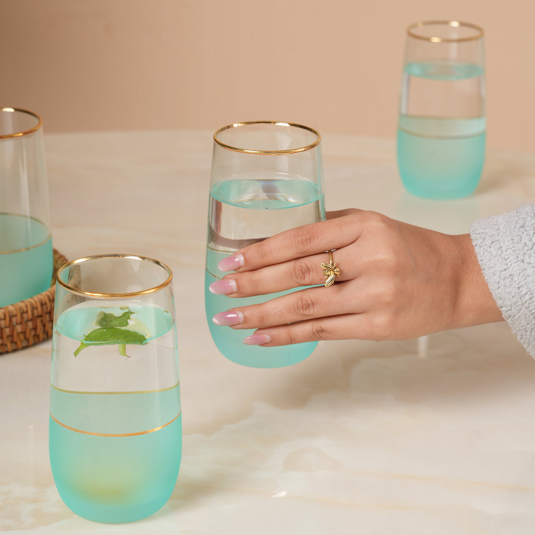 Coastal Mist Frosted Teal Stemless Glasses with Gold Rim