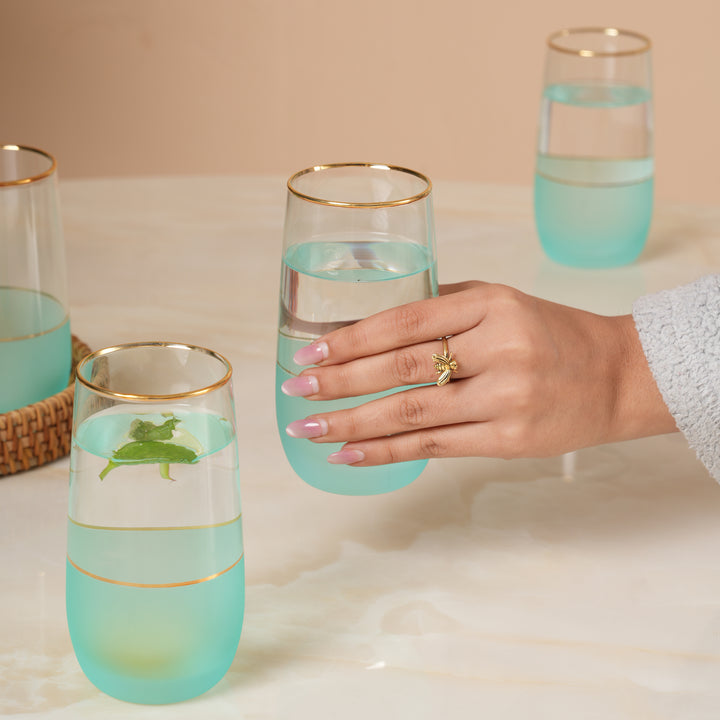 Coastal Mist Frosted Teal Stemless Glasses with Gold Rim