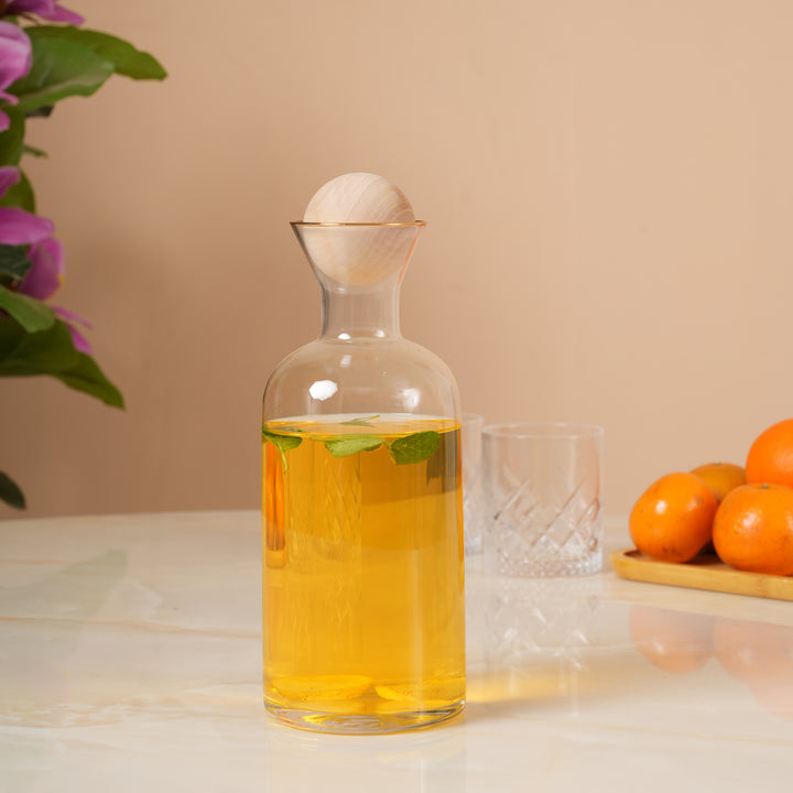 Modern 1.5L Glass Pitcher with Round Wooden Lid & Gold Trim