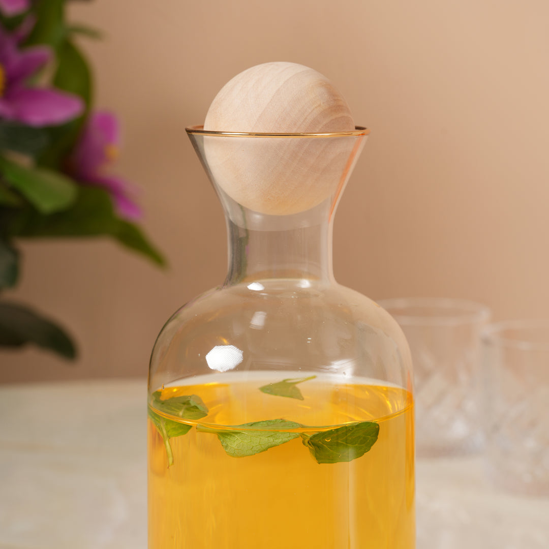 Modern 1.5L Glass Pitcher with Round Wooden Lid & Gold Trim