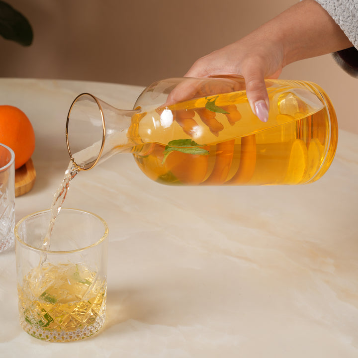 Modern 1.5L Glass Pitcher with Round Wooden Lid & Gold Trim