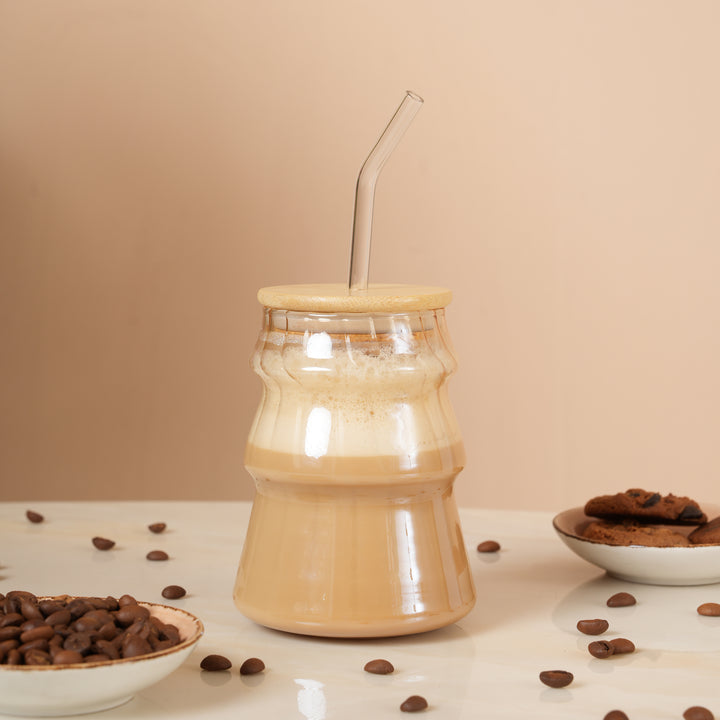 Golden Ripple Glass Tumbler with Bamboo Lid and Glass Straw
