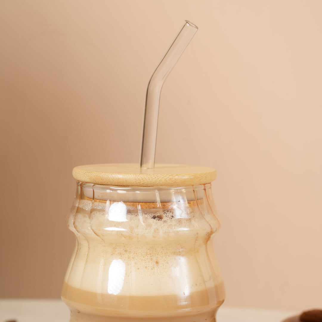 Golden Ripple Glass Tumbler with Bamboo Lid and Glass Straw