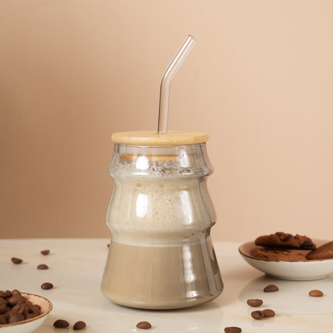 Grey Ripple Glass Tumbler with Bamboo Lid and Glass Straw