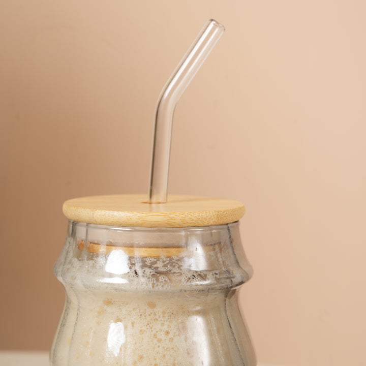 Grey Ripple Glass Tumbler with Bamboo Lid and Glass Straw