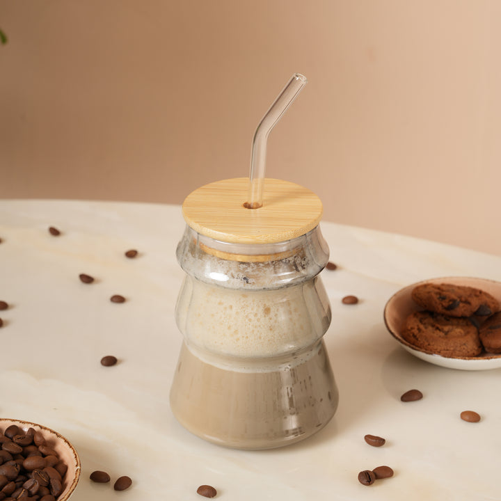 Grey Ripple Glass Tumbler with Bamboo Lid and Glass Straw