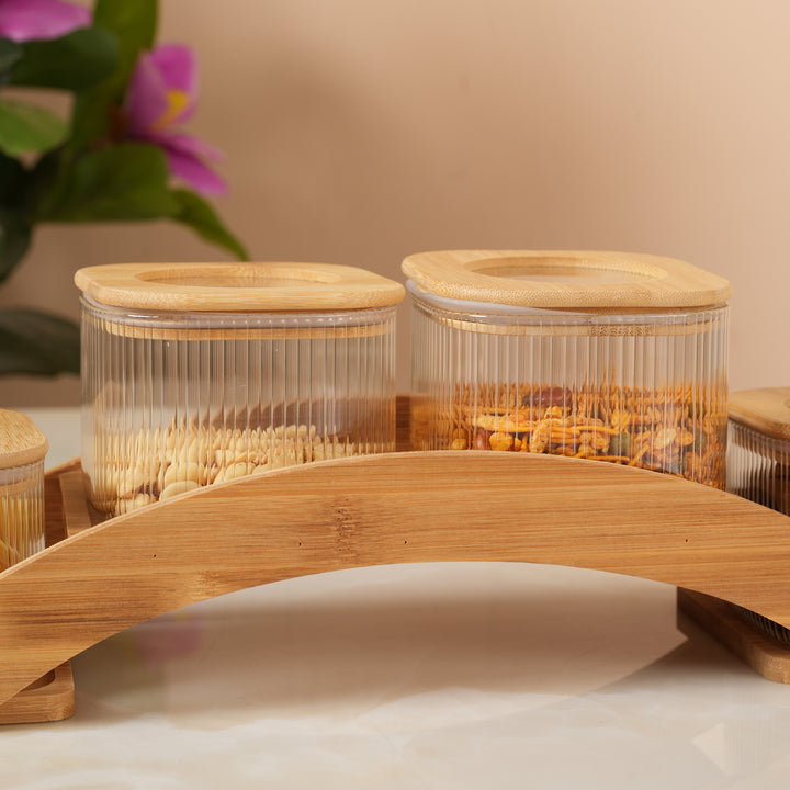 Bridge Collection Ribbed Glass Spice Set with Bamboo Arc Stand Set of 5