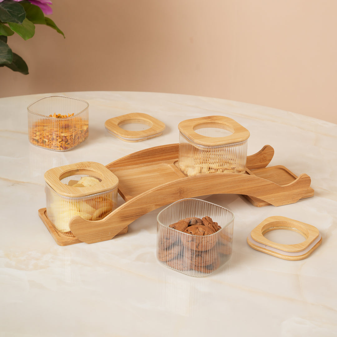 Bridge Collection Ribbed Glass Spice Set with Bamboo Arc Stand Set of 5