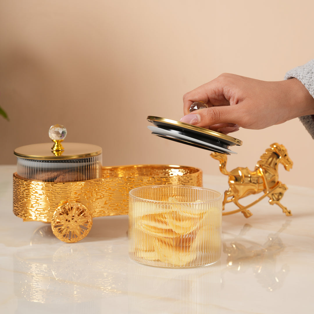 Gilded Chariot Serving Set - Set of 3 Glass Jars in Gold Carriage