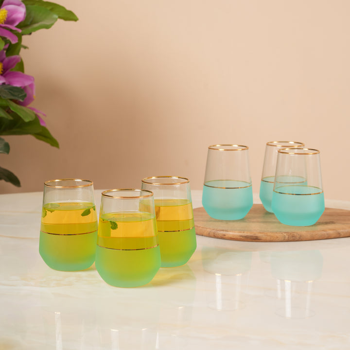 Frosted Turquoise  Glass Tumblers with Gold Trim Set of 6