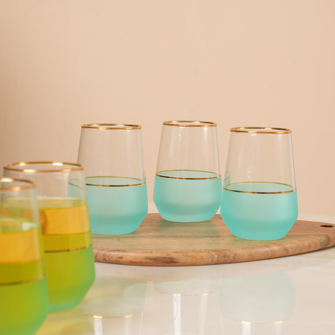 Frosted Turquoise  Glass Tumblers with Gold Trim Set of 6