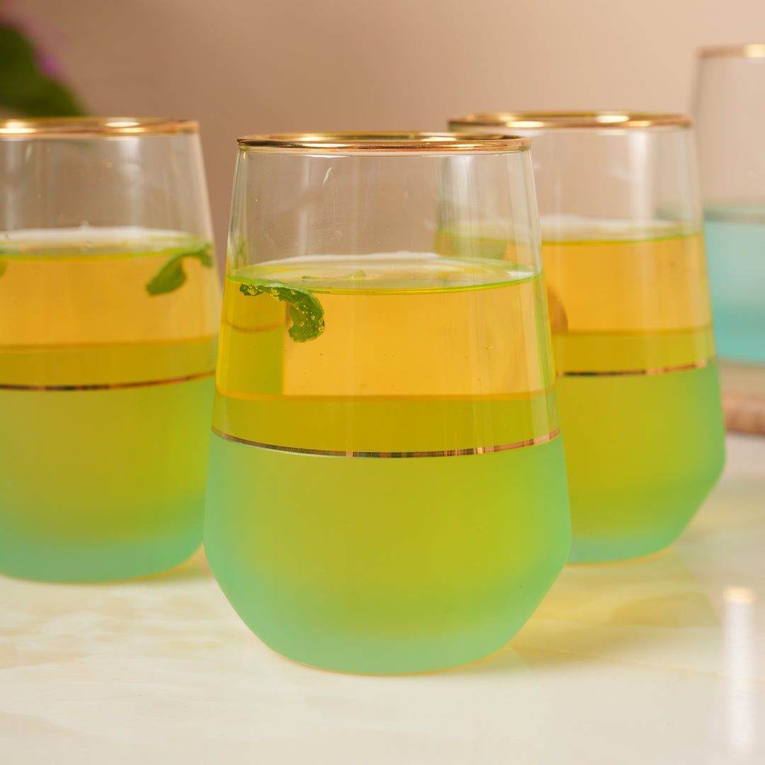 Frosted Turquoise  Glass Tumblers with Gold Trim Set of 6