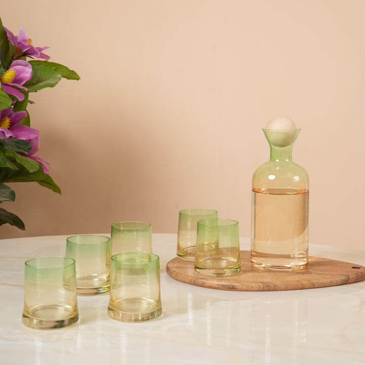 Modern Glass Decanter Set with Spherical Wood Lid and 6 Tumblers