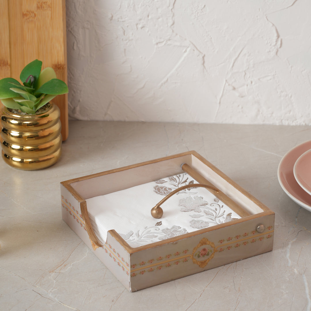 Printed Wooden Napkin Holder | Tissues Holder - Beige