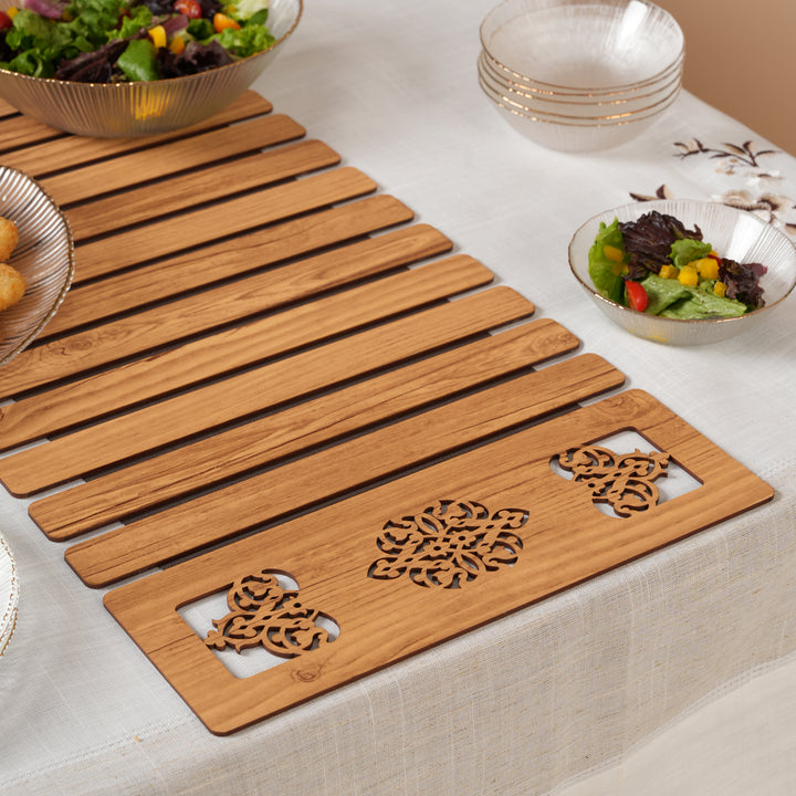 Artisan Slat Table Runner with Laser-Cut Medallions 14*36 Inch Oak & Dark Brown