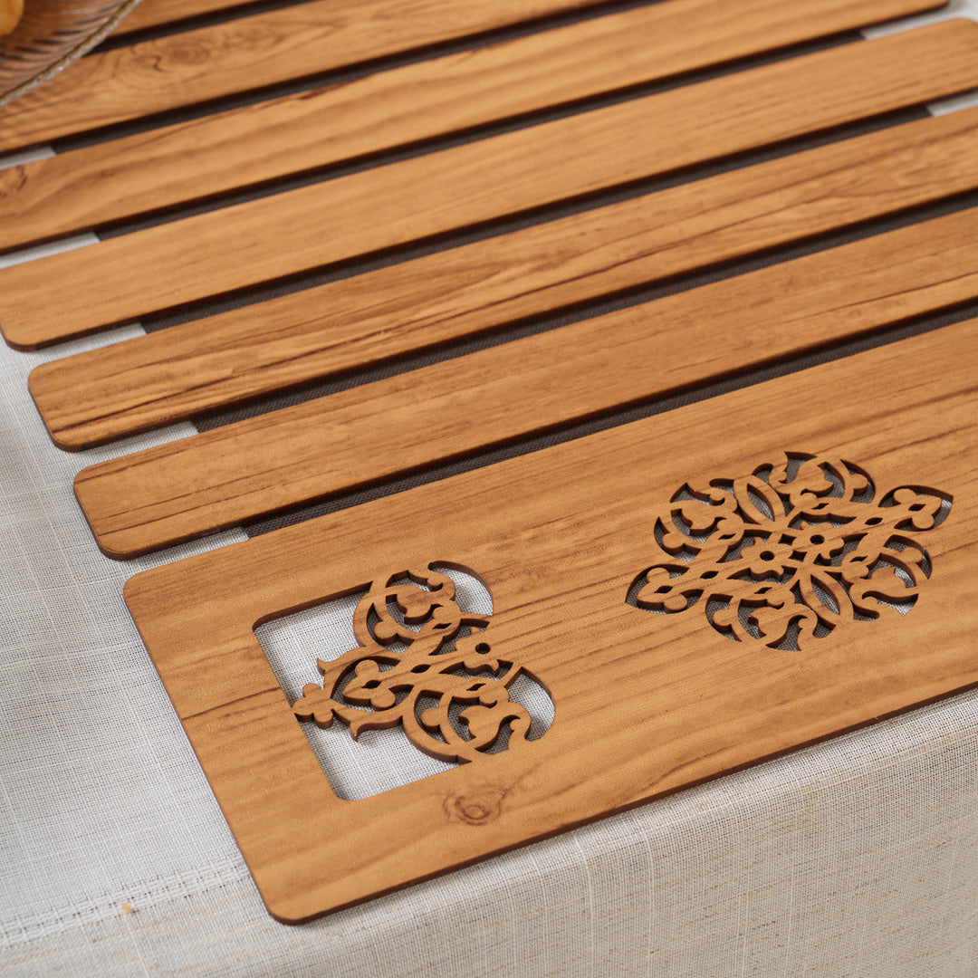 Artisan Slat Table Runner with Laser-Cut Medallions 14*36 Inch Oak & Dark Brown