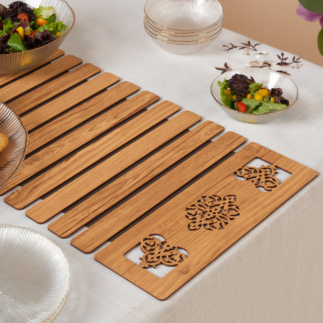 Artisan Slat Table Runner with Laser-Cut Medallions 14*36 Inch Oak & Dark Brown
