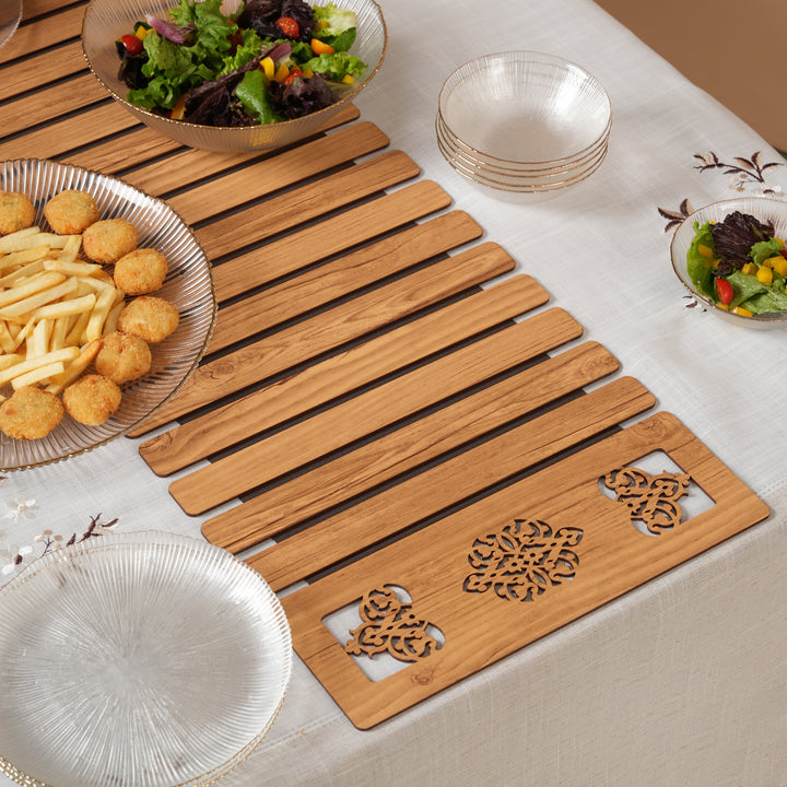 Artisan Slat Table Runner with Laser-Cut Medallions 14X 72 Inches Oak & Dark Brown