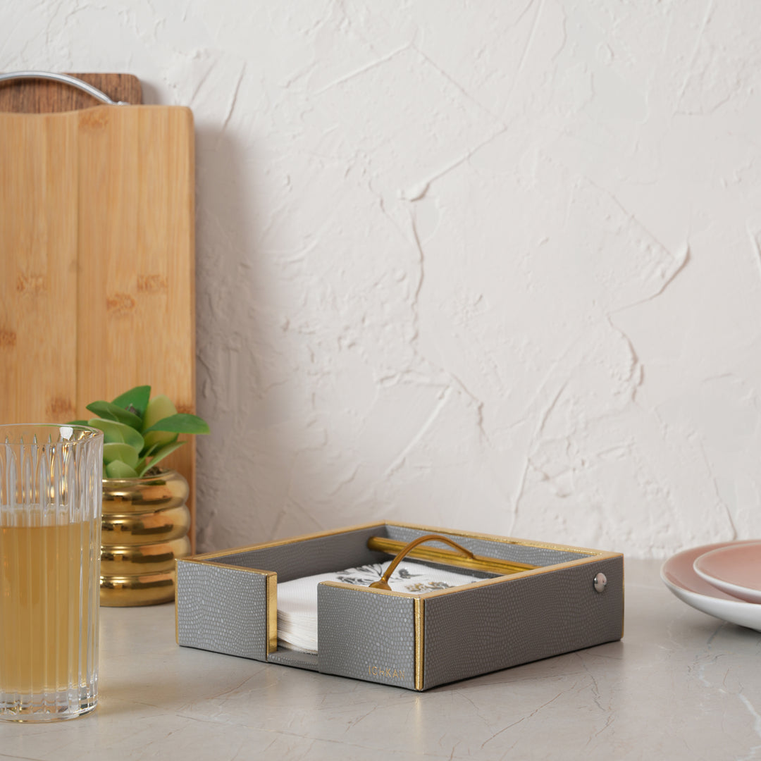 Leather Wooden Napkin Holder | Tissues Holder - Grey