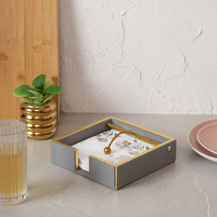 Leather Wooden Napkin Holder | Tissues Holder - Grey