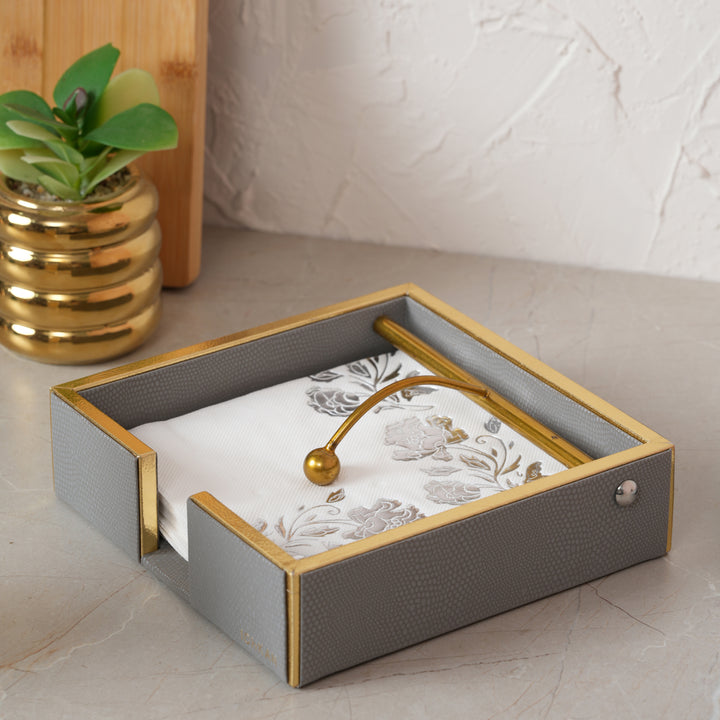 Leather Wooden Napkin Holder | Tissues Holder - Grey