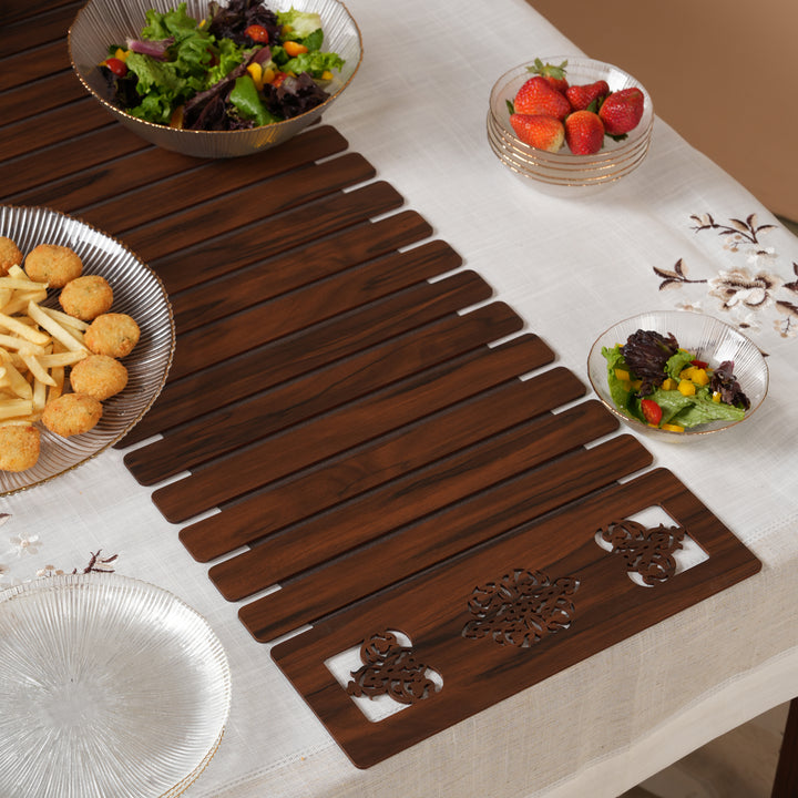 Artisan Slat Table Runner with Laser-Cut Medallions 14X 72 Inches Oak & Dark Brown