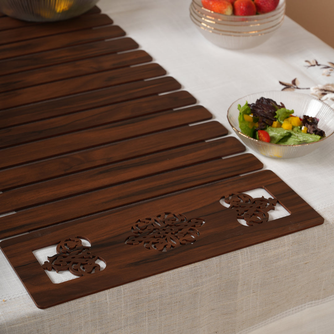 Artisan Slat Table Runner with Laser-Cut Medallions 14*36 Inch Oak & Dark Brown