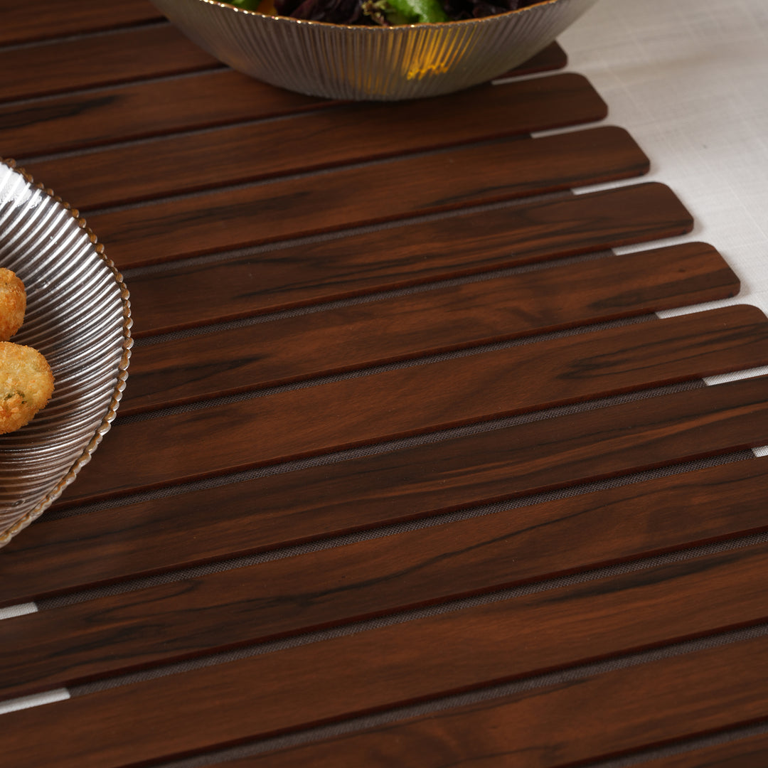 Artisan Slat Table Runner with Laser-Cut Medallions 14*36 Inch Oak & Dark Brown