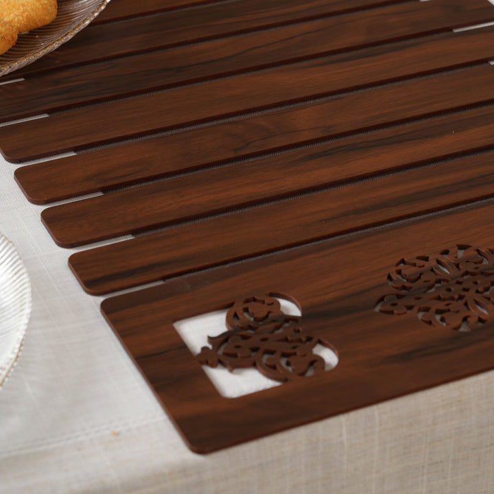 Artisan Slat Table Runner with Laser-Cut Medallions 14*36 Inch Oak & Dark Brown