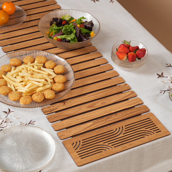 Contemporary Wave-Accent Slatted Table Runner 14*36 Inch Oak & Dark Brown