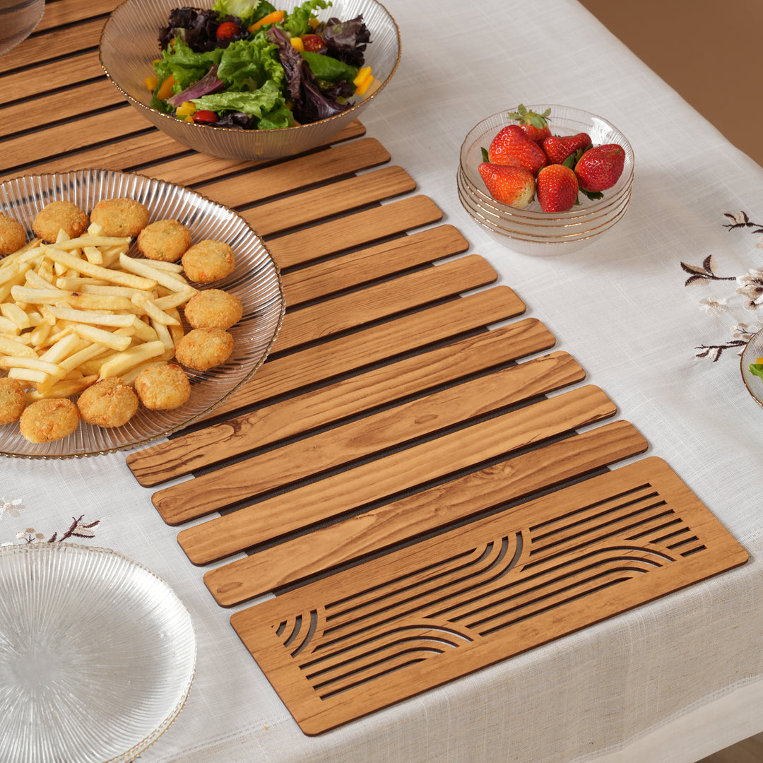 Contemporary Wave-Accent Slatted Table Runner 14*36 Inch Oak & Dark Brown