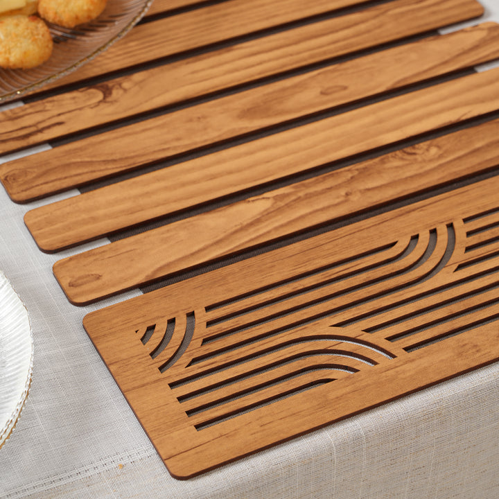 Contemporary Wave-Accent Slatted Table Runner 14*36 Inch Oak & Dark Brown