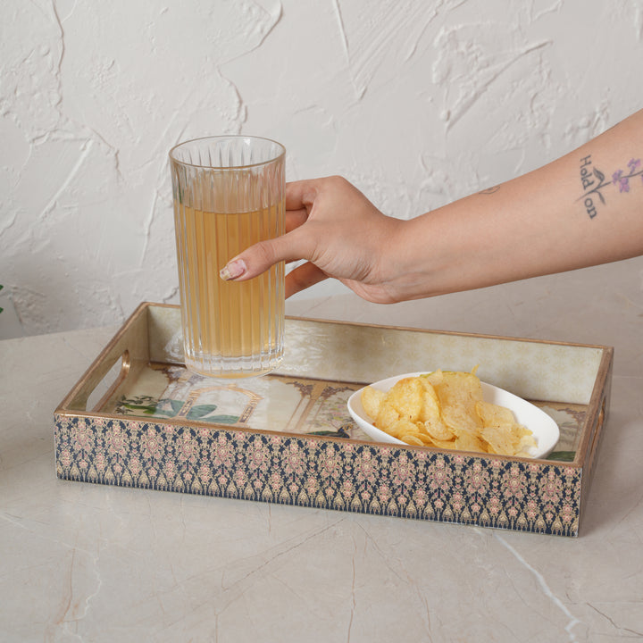 Printed Mor Pankh Tray For Dining & Serving - Set of 3