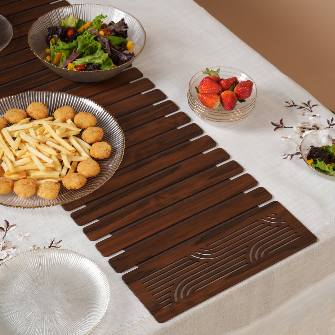 Contemporary Wave-Accent Slatted Table Runner 14X72 Inches Oak & Dark Brown