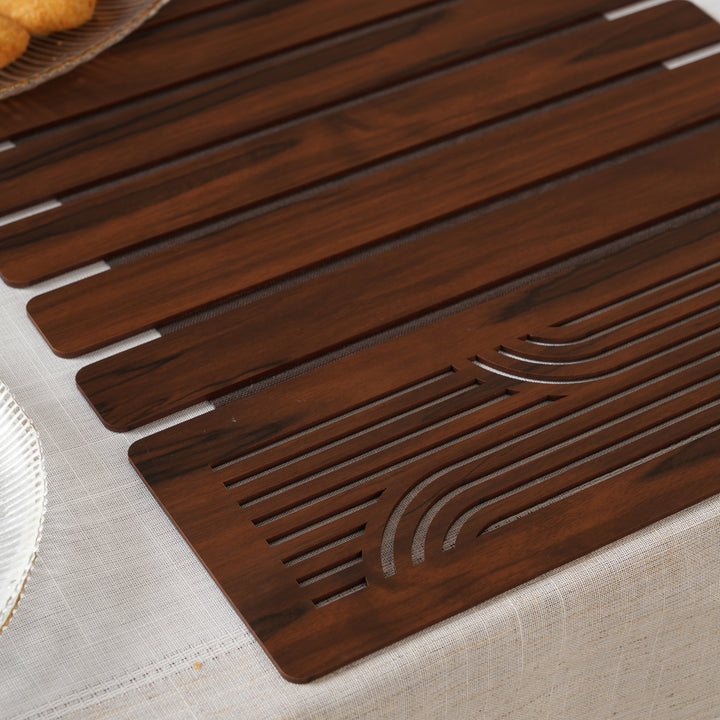 Contemporary Wave-Accent Slatted Table Runner 14X72 Inches Oak & Dark Brown