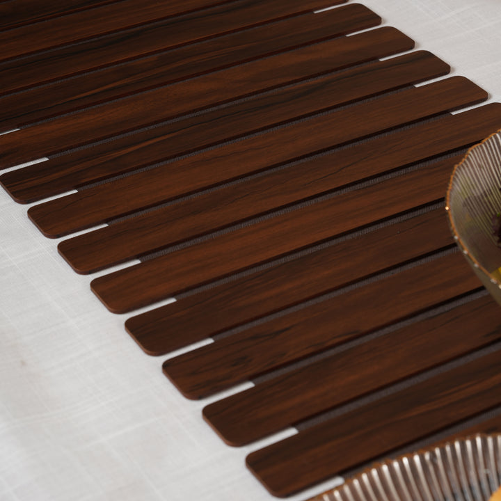 Contemporary Wave-Accent Slatted Table Runner 14*36 Inch Oak & Dark Brown