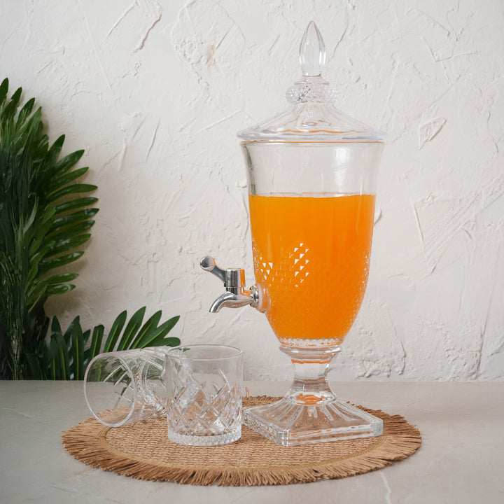 Beverage Glass Dispenser 2000ML with Glass Tumblers 350ML Set of 6 | Diamond