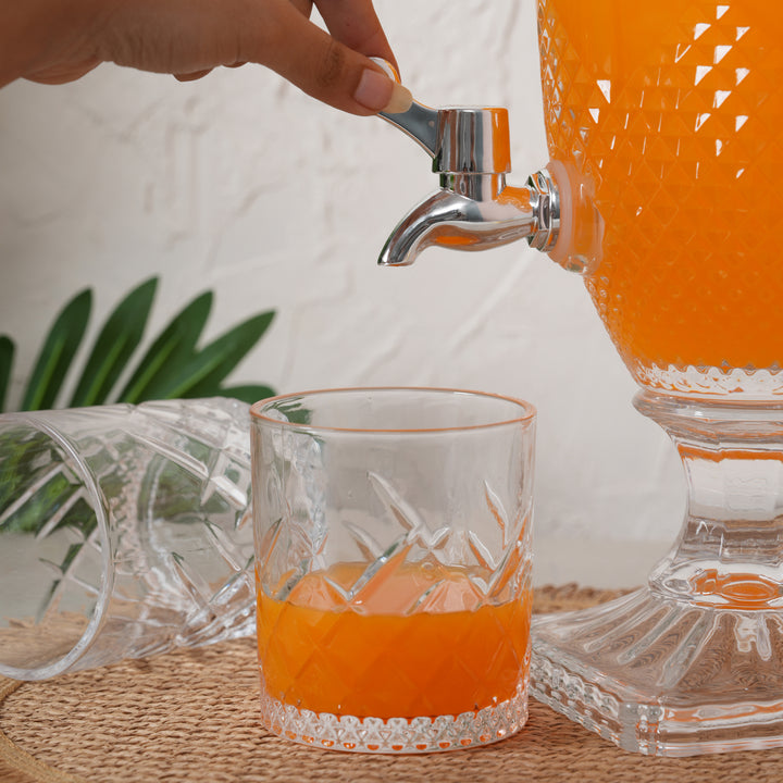 Beverage Glass Dispenser 2000ML with Glass Tumblers 350ML Set of 6 | Diamond