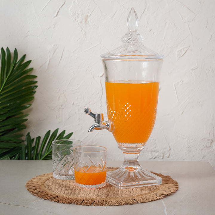 Beverage Glass Dispenser 2000ML with Glass Tumblers 350ML Set of 6 | Diamond